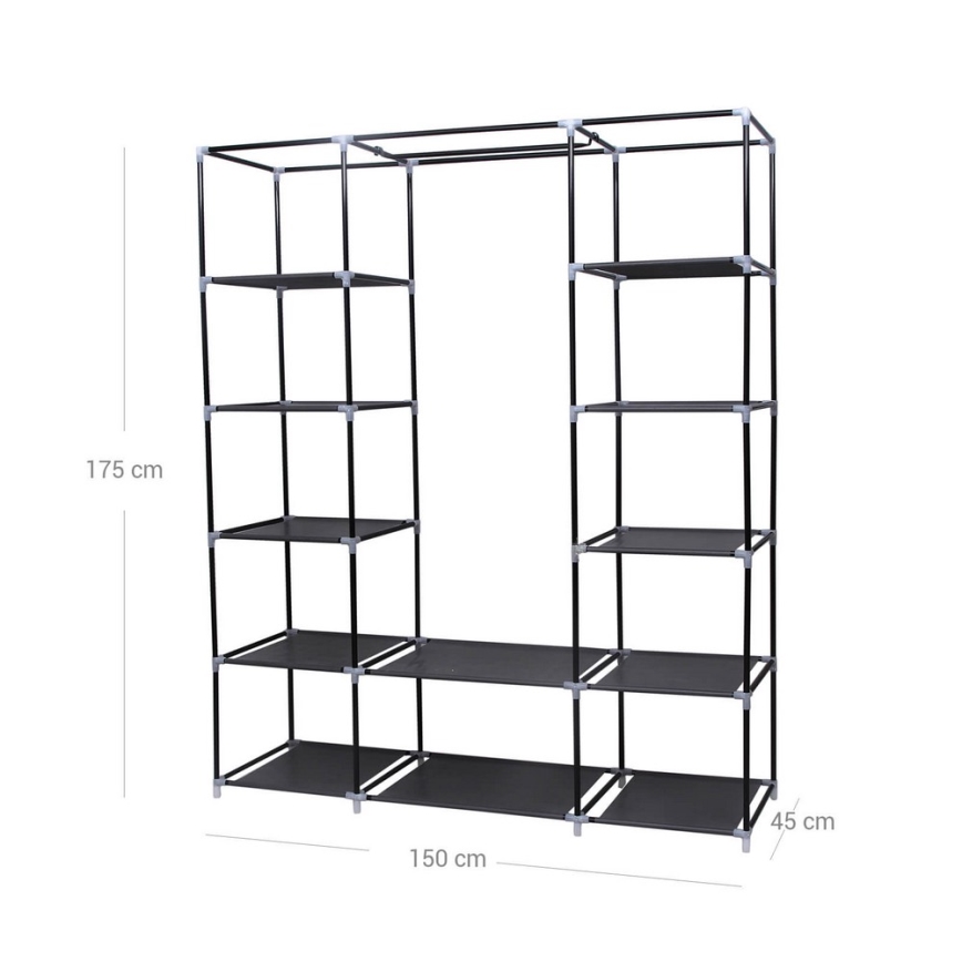 Tekstilni ormar za odlaganje MATIS 150x175x45 cm, crne boje, sa policama i garderobnom šipkom