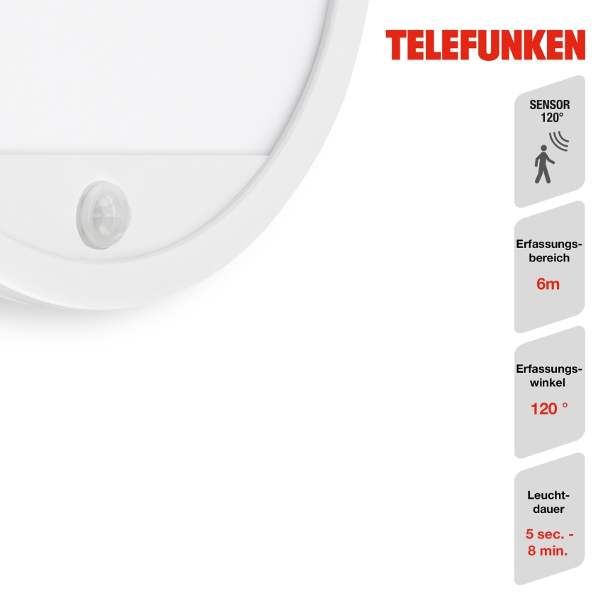 Telefunken 313706TF - LED spoljašnje zidno svetlo sa senzorom, LED/15W/230V, IP44, belo