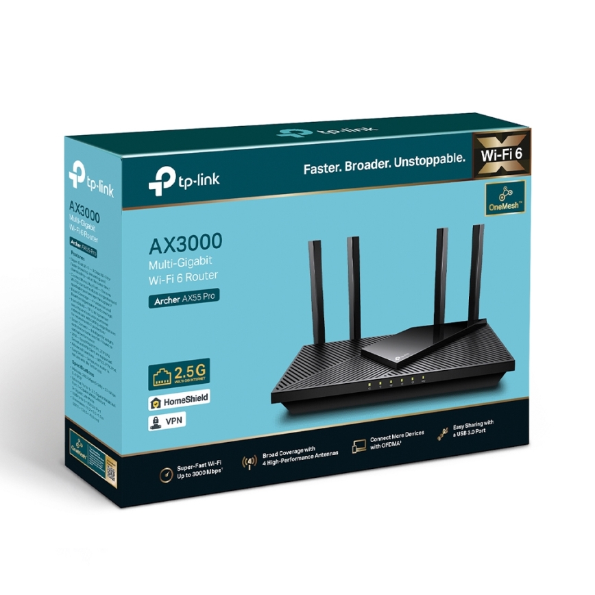TP-Link - Dvopojasni multigigabitni Wi-Fi 6 ruter sa 2,5G portom Archer AX55 Pro