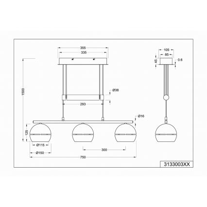 Trio - Luster na sajli FLETCHER 3xE14/40W/230V matni hrom