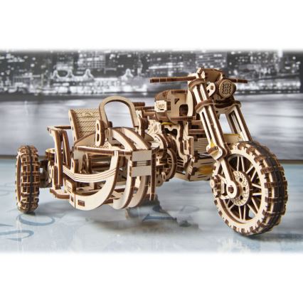 Ugears - 3D drvena mehanička slagalica Scrambler motocikl sa prikolicom