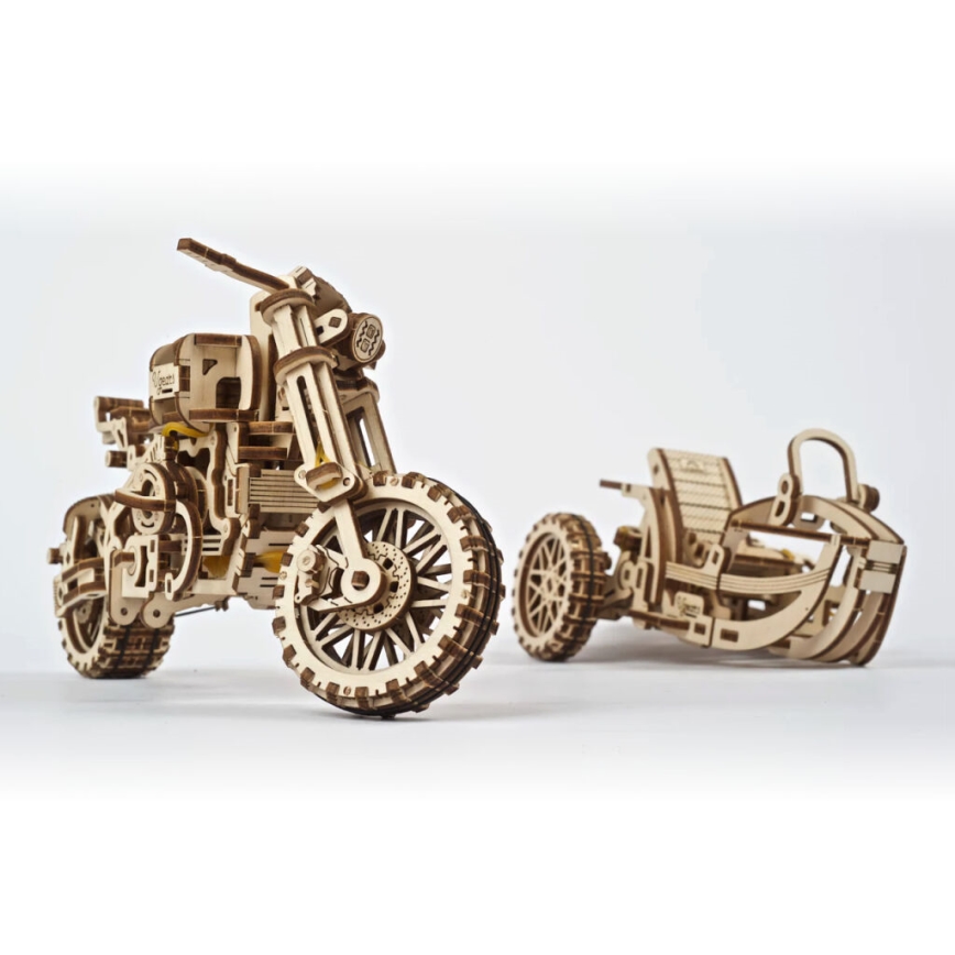 Ugears - 3D drvena mehanička slagalica Scrambler motocikl sa prikolicom