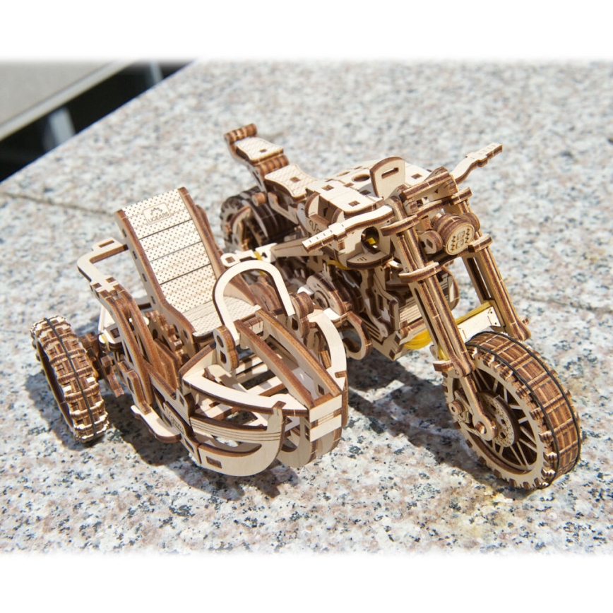 Ugears - 3D drvena mehanička slagalica Scrambler motocikl sa prikolicom
