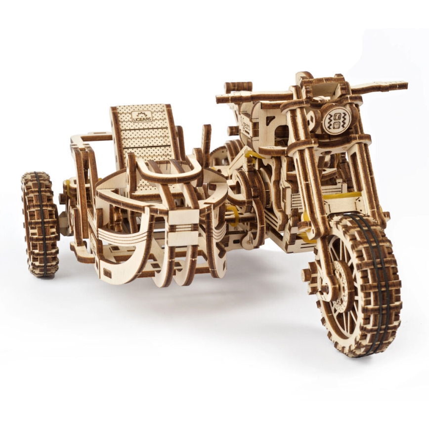 Ugears - 3D drvena mehanička slagalica Scrambler motocikl sa prikolicom