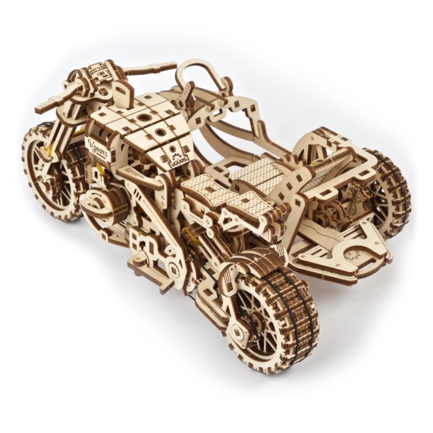 Ugears - 3D drvena mehanička slagalica Scrambler motocikl sa prikolicom