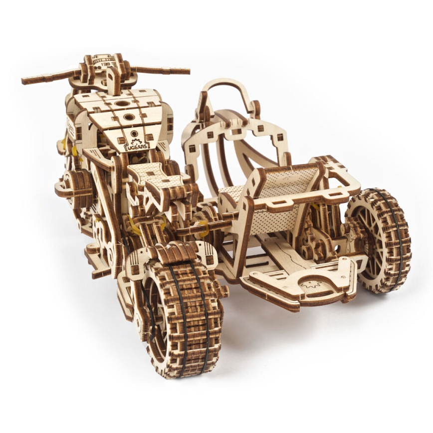 Ugears - 3D drvena mehanička slagalica Scrambler motocikl sa prikolicom