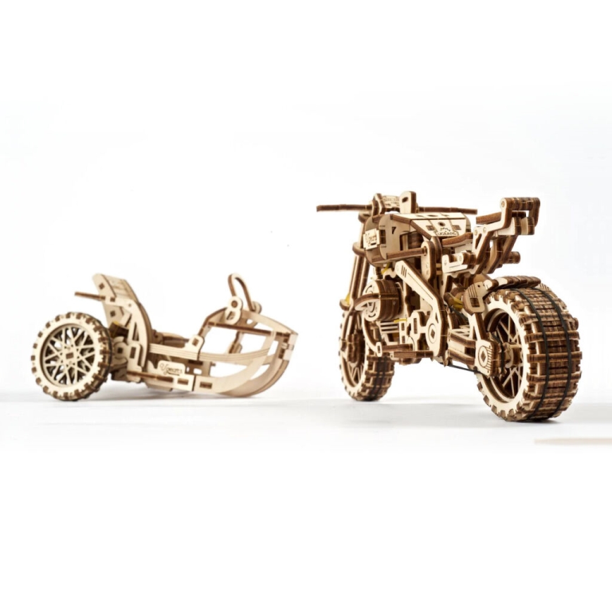 Ugears - 3D drvena mehanička slagalica Scrambler motocikl sa prikolicom