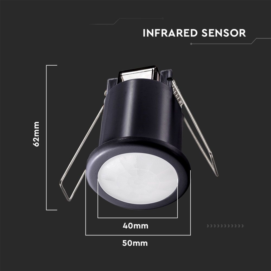 Ugradni PIR senzor pokreta za spušteni plafon 360°, 400W/230V, crne boje