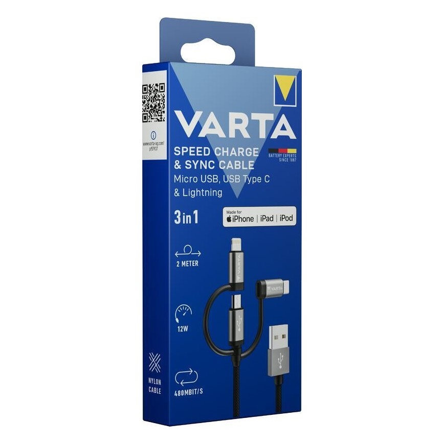 Varta 57937101111 - USB kabl 3 u 1 sa Lightning i Micro‑USB konektorima 2 m