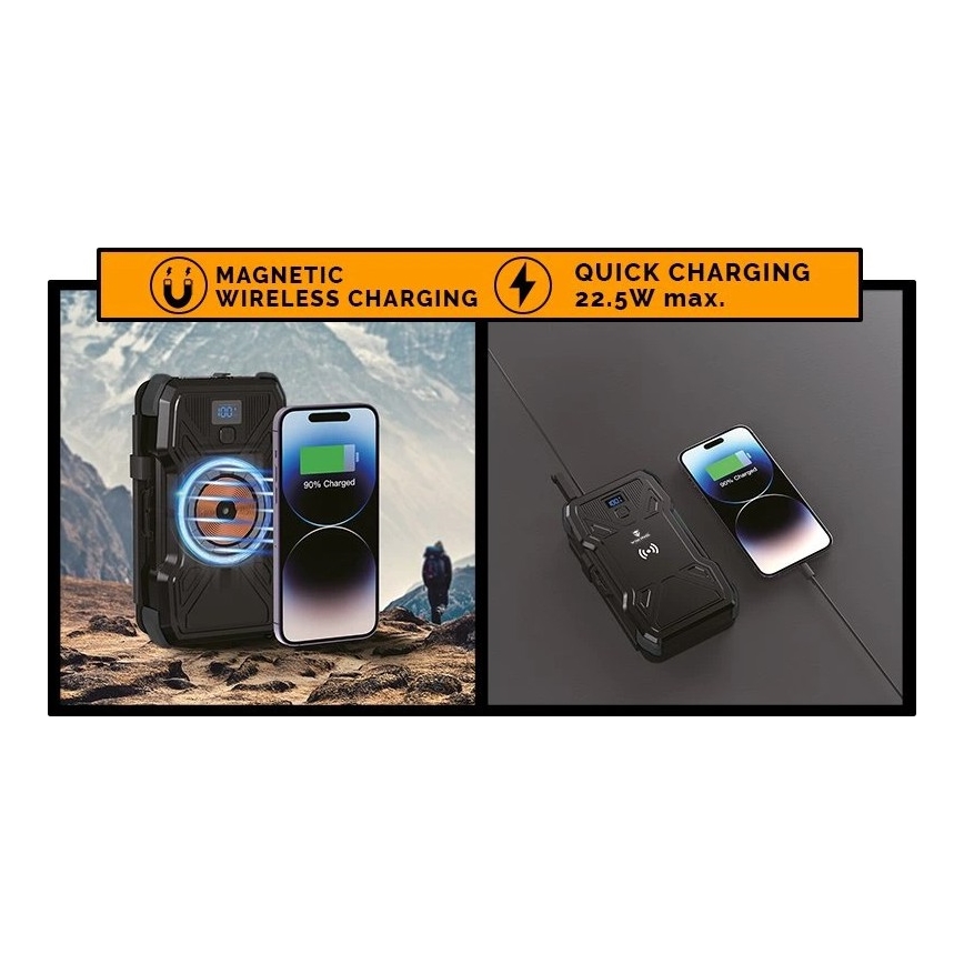 Viking - Power Bank sa LED svetiljkom, bežičnim punjenjem i solarnim panelom Power Delivery 22,5W/30000 mAh