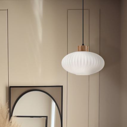 Viseći luster na sajli HARMONY 1xE27/15W/230V, prečnik 30 cm, bela/hrast