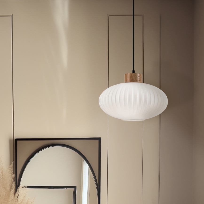 Viseći luster na sajli HARMONY 1xE27/15W/230V, prečnik 30 cm, bela/hrast