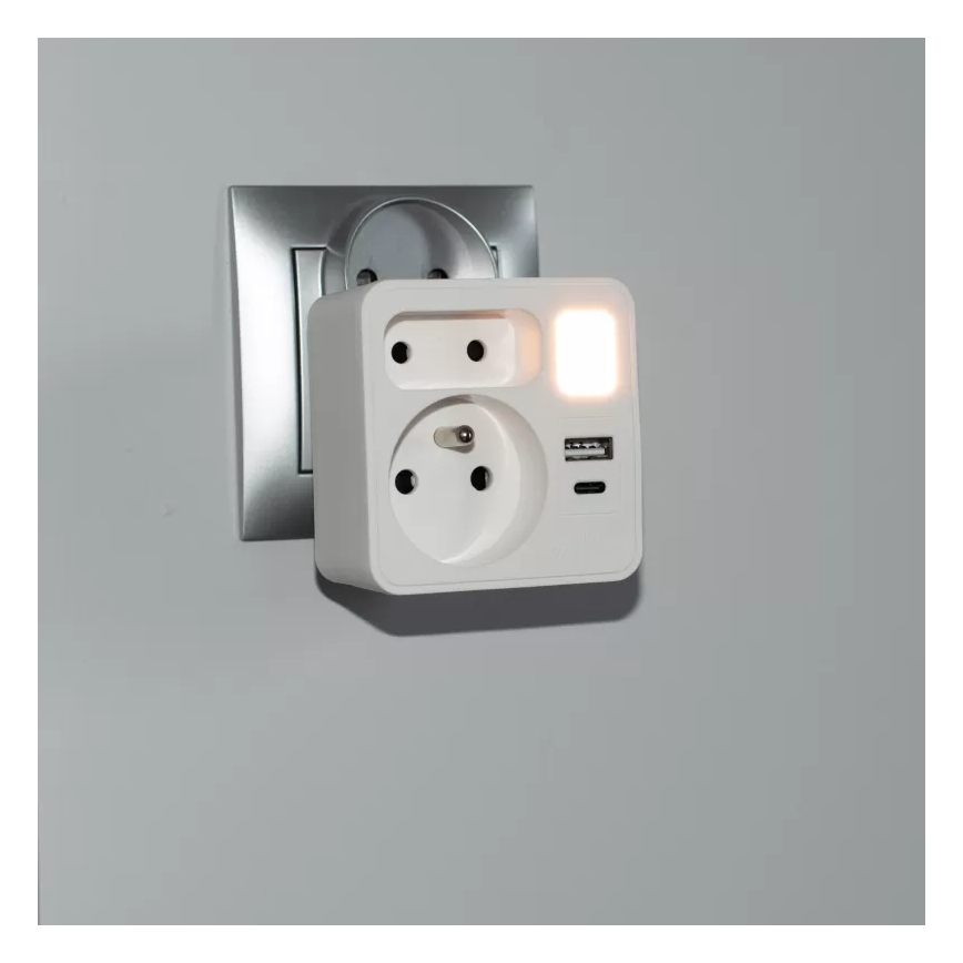 Razdelnik 2x utičnice + USB-C + USB-A sa LED osvetljenjem LED/0,5W/230V 3000K