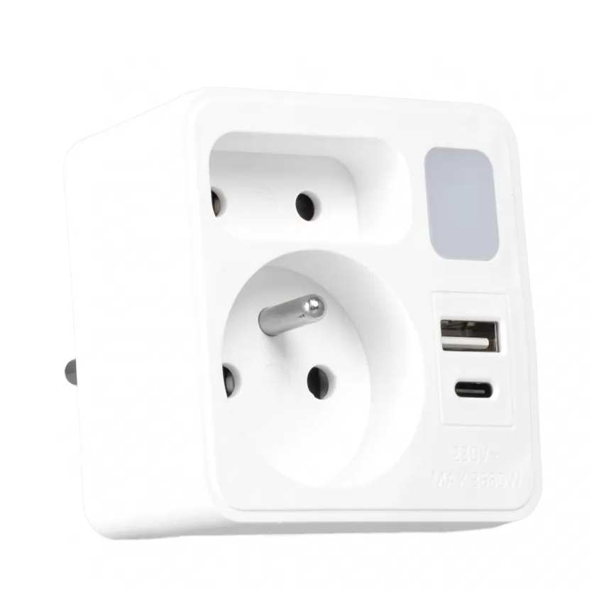 Razdelnik 2x utičnice + USB-C + USB-A sa LED osvetljenjem LED/0,5W/230V 3000K