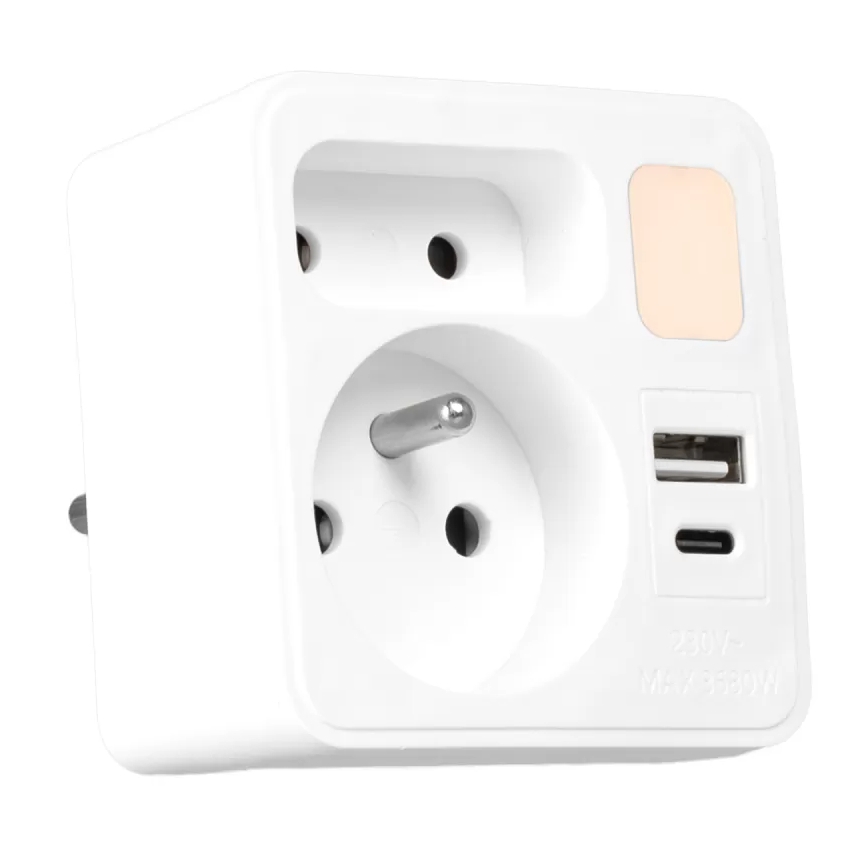 Razdelnik 2x utičnice + USB-C + USB-A sa LED osvetljenjem LED/0,5W/230V 3000K