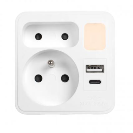 Razdelnik 2x utičnice + USB-C + USB-A sa LED osvetljenjem LED/0,5W/230V 3000K