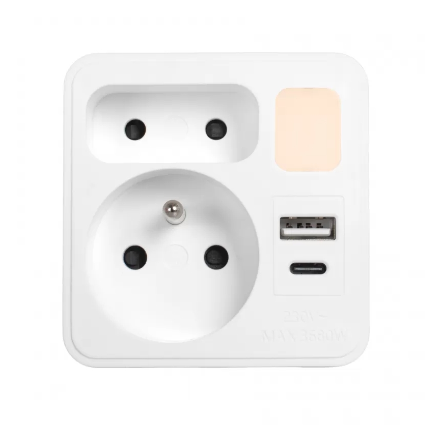 Razdelnik 2x utičnice + USB-C + USB-A sa LED osvetljenjem LED/0,5W/230V 3000K
