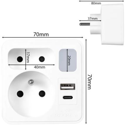 Razdelnik 2x utičnice + USB-C + USB-A sa LED osvetljenjem LED/0,5W/230V 3000K