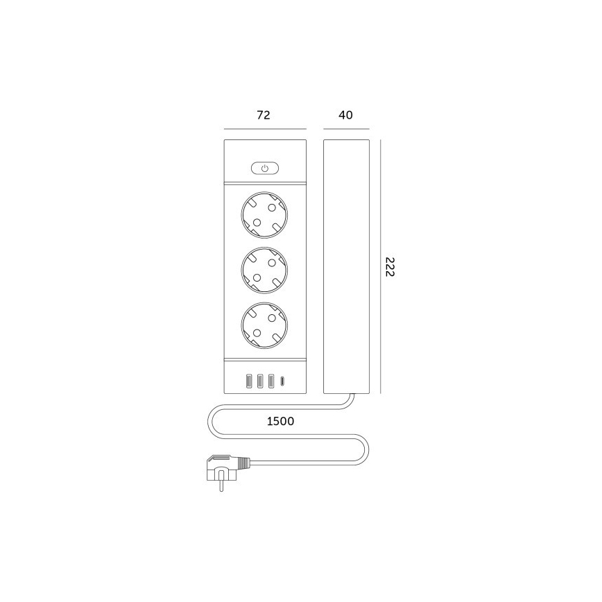 Produžni razdelnik sa prekidačem LINEA PRO 3x230 V + 3x USB-A + 1x USB-C, SCHUKO, kabl 1,5 m, u beloj boji