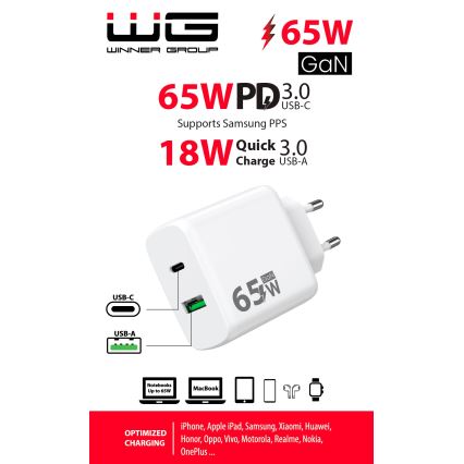 Winner Group - Adapter za brzo punjenje 1x USB-C + 1x USB-A Power Delivery 65W, beo