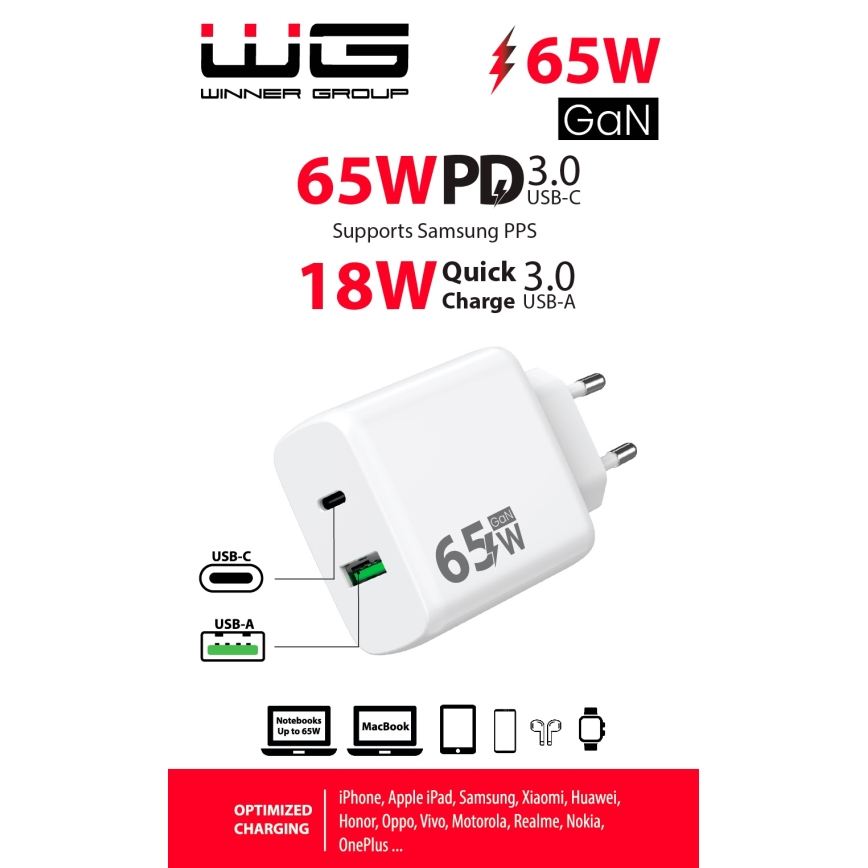 Winner Group - Adapter za brzo punjenje 1x USB-C + 1x USB-A Power Delivery 65W, beo