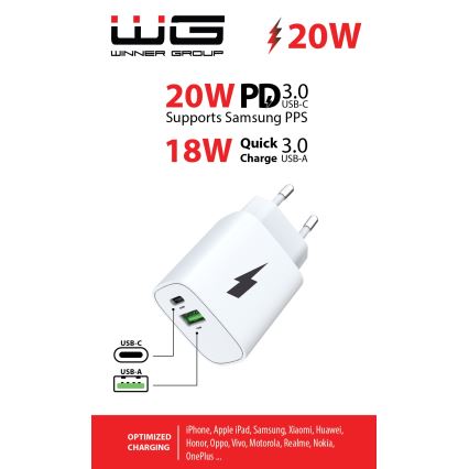 Winner Group - Adapter za brzo punjenje 1xUSB-C + 1xUSB-A Power Delivery 20W bela