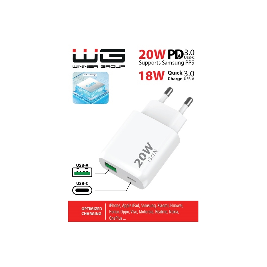 Winner Group - Adapter za brzo punjenje 1xUSB-C + 1xUSB-A Power Delivery 20W beo