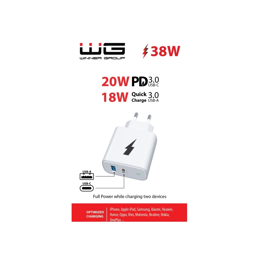 Winner Group - Adapter za brzo punjenje 1xUSB-C + 1xUSB-A Power Delivery 38W bela