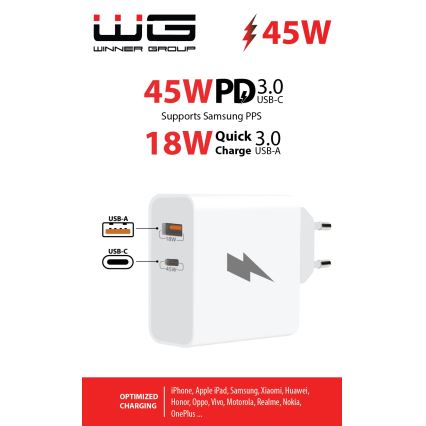Winner Group - Adapter za brzo punjenje 1xUSB-C + 1xUSB-A Power Delivery 45W bela