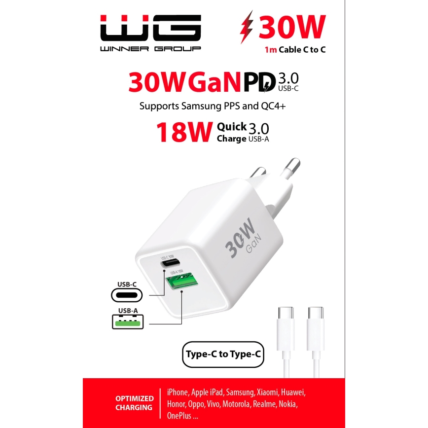 Winner Group - Adapter za brzo punjenje 2x USB PD 30W + USB kabl USB-C / USB-C 1m