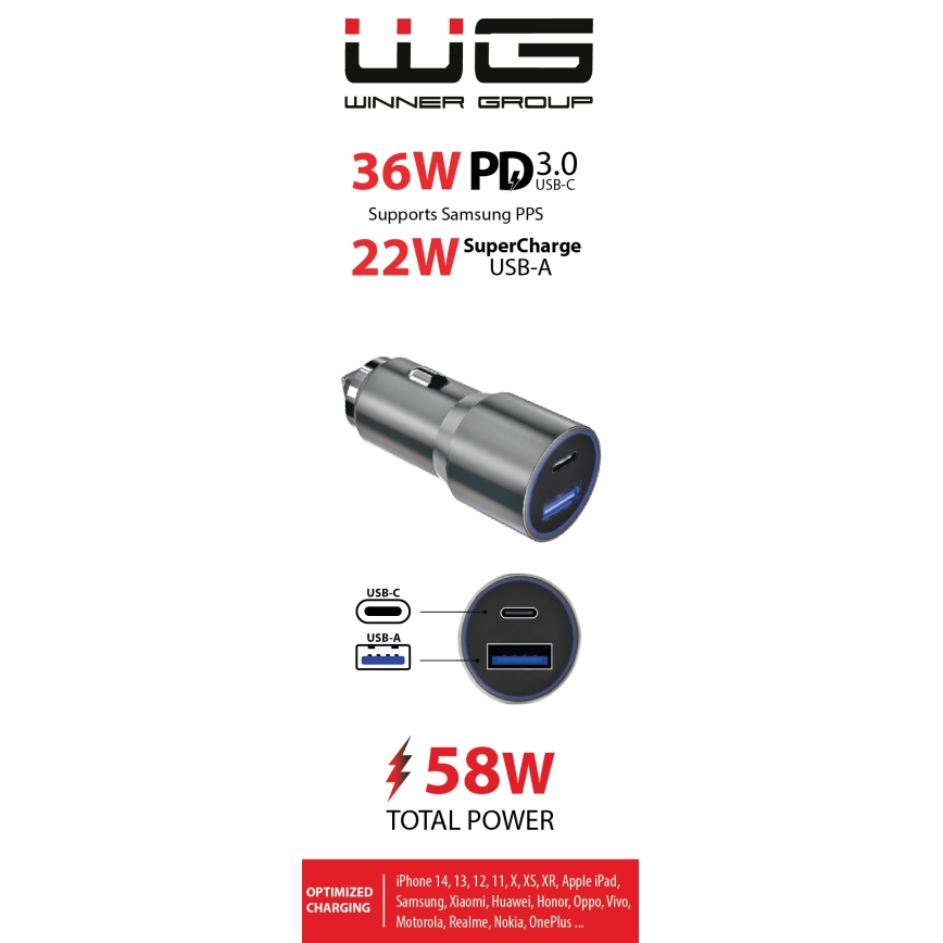 Winner Group - Auto punjač 1x USB-C + 1x USB-A sa Power Delivery 58,5 W, srebran