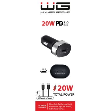 Winner Group - Auto punjač 1x USB-C Power Delivery 20W + USB kabl USB-C / USB-C 1 m crna