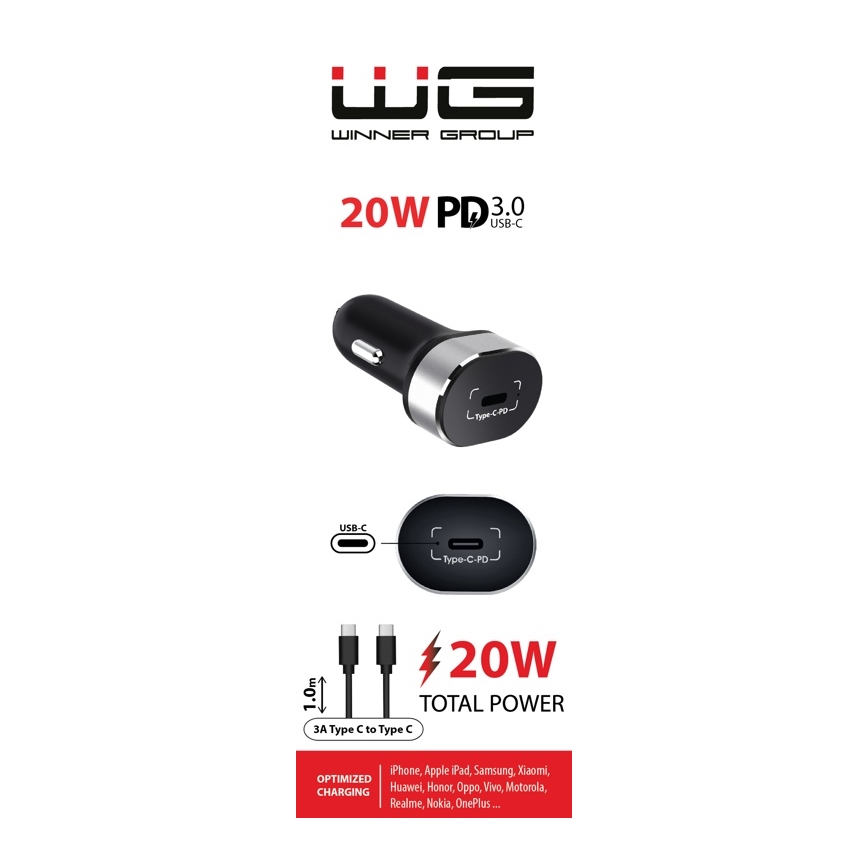 Winner Group - Auto punjač 1x USB-C Power Delivery 20W + USB kabl USB-C / USB-C 1 m crna