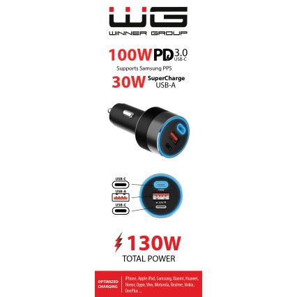 Winner Group - Auto punjač 2x USB-C + 1x USB-A, USB Power Delivery 130 W, crni
