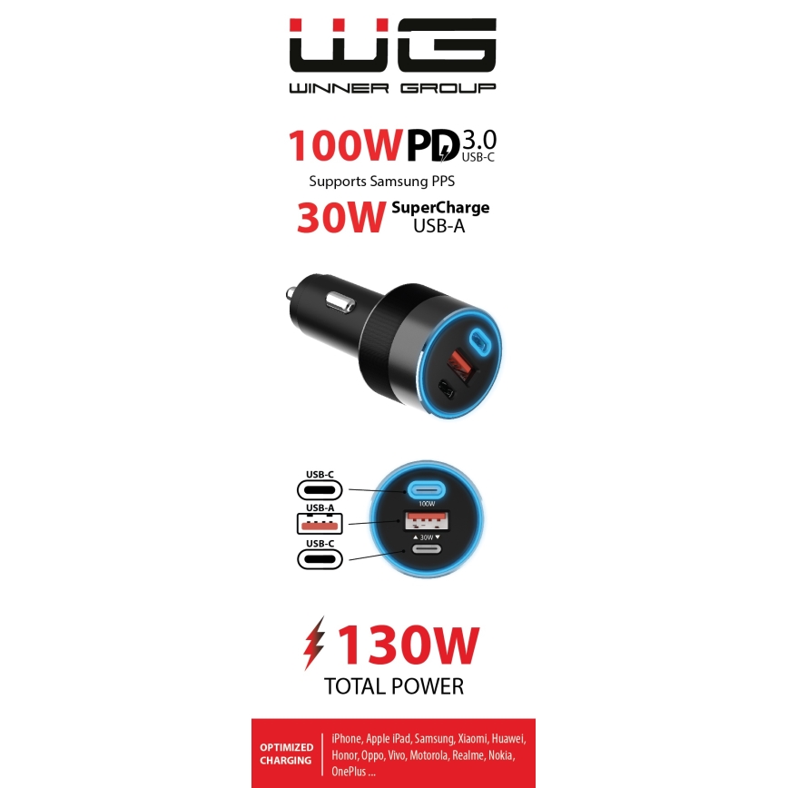 Winner Group - Auto punjač 2x USB-C + 1x USB-A, USB Power Delivery 130 W, crni