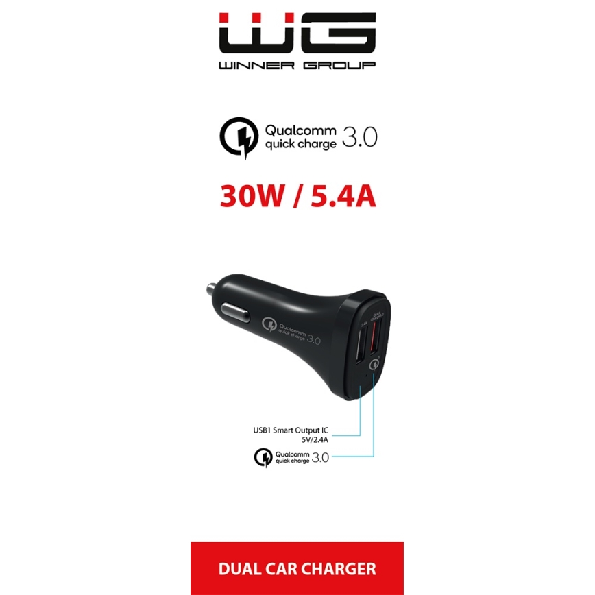 Winner Group - Auto punjač 2xUSB-A Power Delivery 30W crna