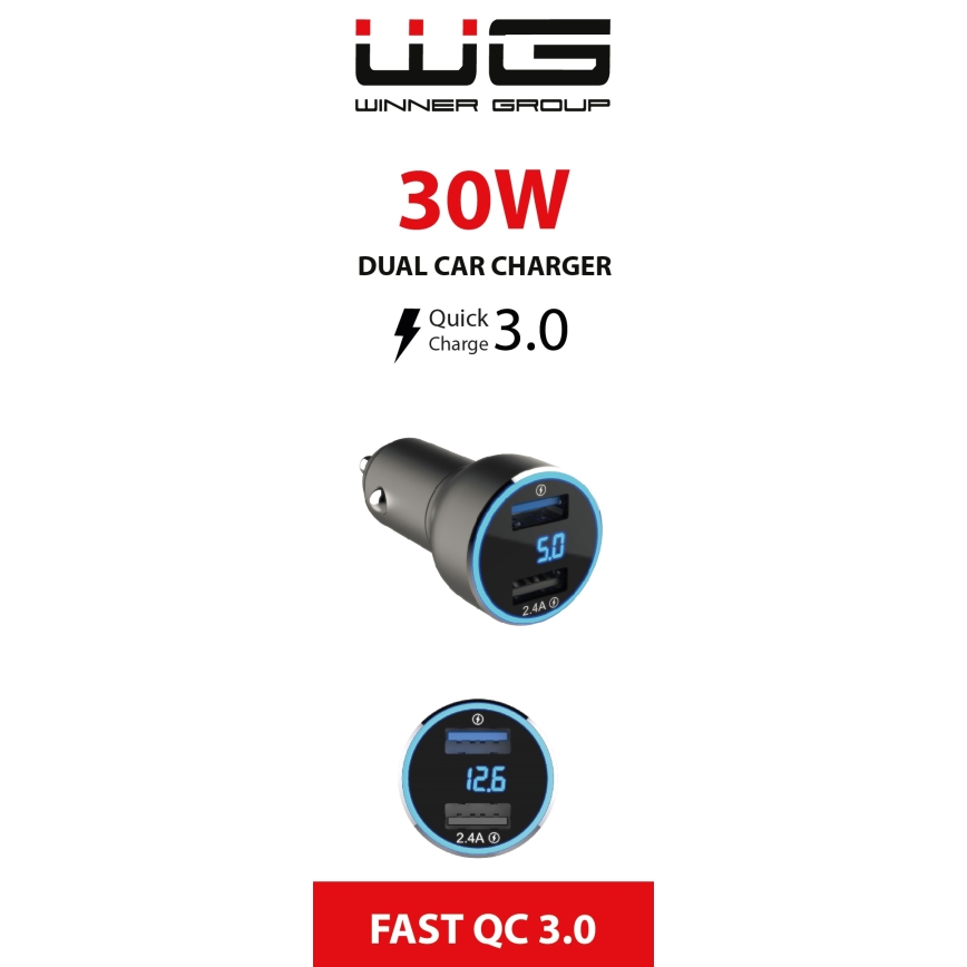 Winner Group - Auto punjač sa displejem 2xUSB-A Power Delivery 30W crn