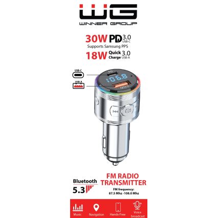 Winner Group - Auto punjač sa FM predajnikom i handsfree funkcijom, 20 W, srebrne boje
