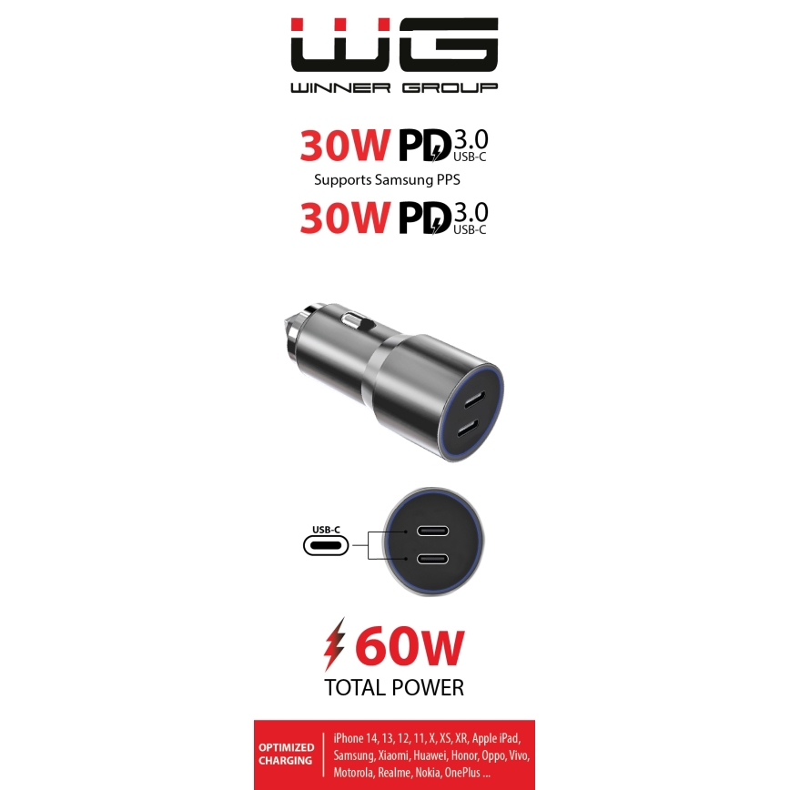 Winner Group - Autopunjač 2x USB-C Power Delivery 60W, srebrni