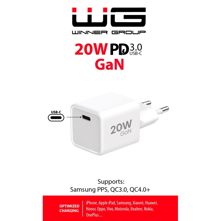 Winner Group - Brzi adapter za punjenje 1xUSB-C Power Delivery 20W bela