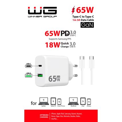 Winner Group - Brzi punjač 2x USB PD 65W + USB kabl USB-C / USB-C 1 m