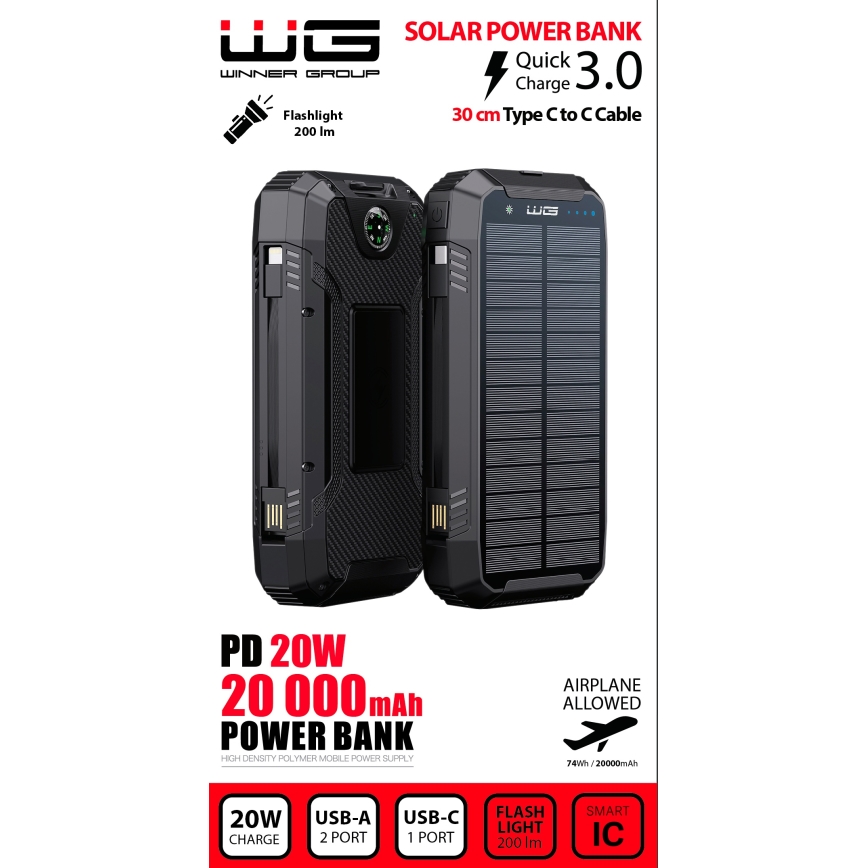 Winner Group - Power Bank sa bežičnim punjenjem i solarnim panelom 20000 mAh 20W PD