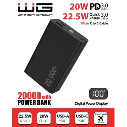 Winner Group - Power Bank sa displejom 20000 mAh 20W Power Delivery crna