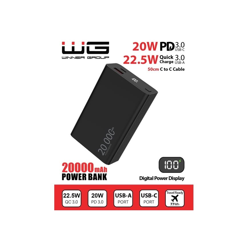 Winner Group - Power Bank sa displejom 20000 mAh 20W Power Delivery crna