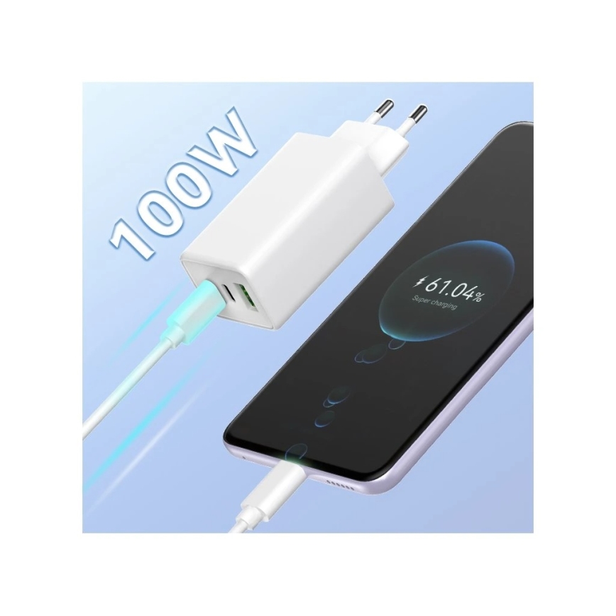 Winner Group - Punjač GaN 1xUSB-A + 2xUSB-C 100W beo