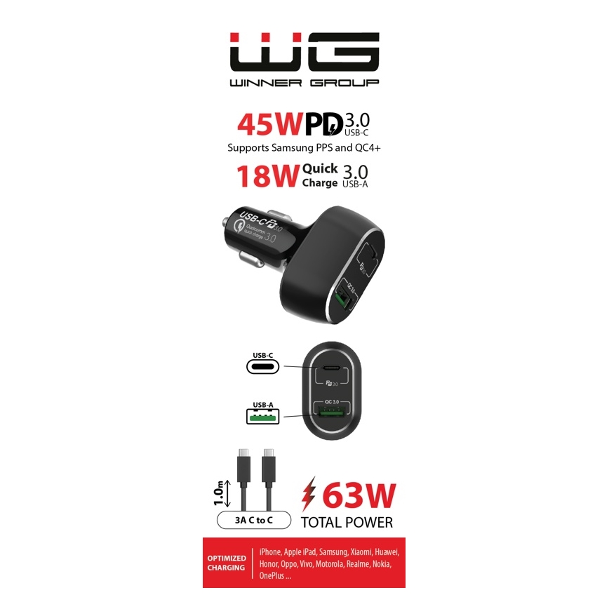 Winner Group - Auto punjač 1xUSB-C + 1xUSB-A Power Delivery 63W + USB kabl USB-C / USB-C 1 m crna