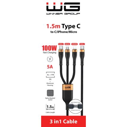 Winner Group - USB kabl 3u1 USB-C / Lightning, USB-C i Micro USB 100W 1,5m crna
