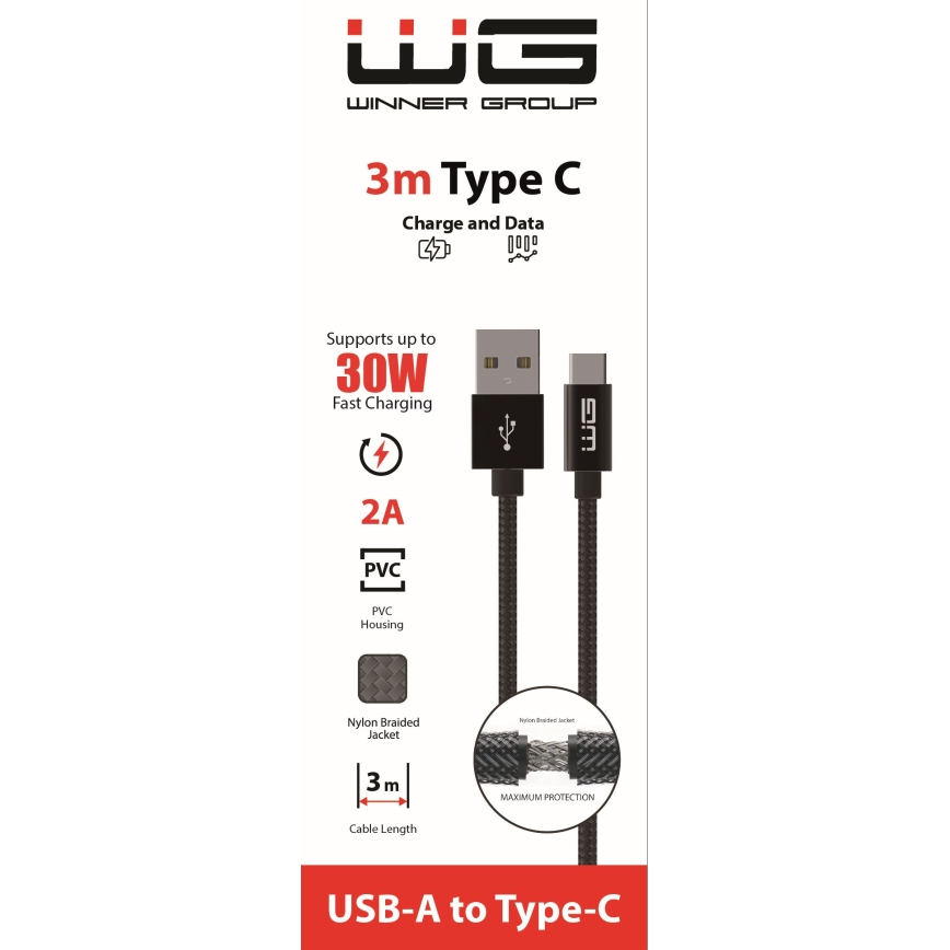 Winner Group - USB kabl USB-C / USB-A 30W 3m crna