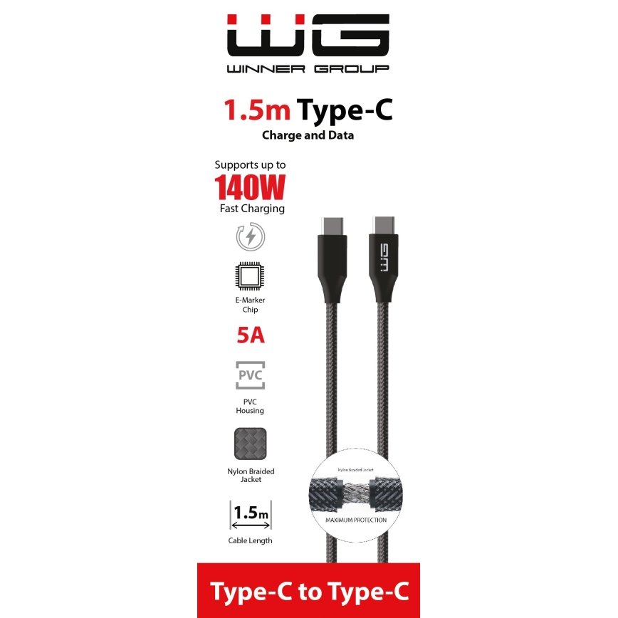 Winner Group - USB kabl USB-C / USB-C 140W 1,5 m, crne boje