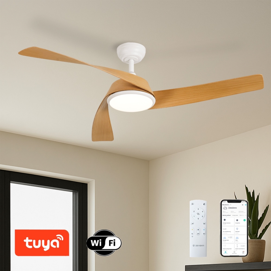 ZEVENTI - LED prigušiva plafonski ventilator AERYS LED/24W/230V 3000/4000/6000K Wi-Fi Tuya bela/hrast + daljinski upravljač